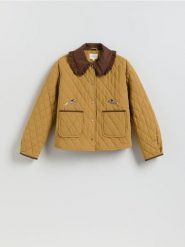 Kurtka z haftowanym wzorem - bursztynowy. Pomarańczowe kurtki damskie Reserved, l, bez wzorów, z bawełny, bez kaptura. Za 259.99 zł.