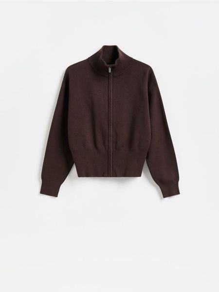 Rozpinany sweter - brązowy. Brązowe kardigany damskie Reserved, l, bez wzorów, z dzianiny, bez kołnierzyka, bez ramiączek, bez kaptura. Za 139.99 zł.