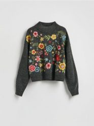 Wzorzysty sweter - ciemnoszary. Szare swetry damskie Reserved, l, bez wzorów, z dzianiny, bez kołnierzyka, bez ramiączek, bez kaptura. Za 179.99 zł.