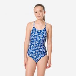 Strój jednoczęściowy pływacki dla dzieci Decathlon Lila Flow. Niebieskie stroje kąpielowe dla dziewczynek Decathlon, bez wzorów, z elastanu. Za 59.99 zł.