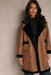 Brązowy Futerkowy Płaszcz Dwurzędowy z Kieszeniami i Szerokim Kołnierzem Sartelia. Brązowe płaszcze damskie Renee, bez wzorów, z jeansu, eleganckie, długie, bez kaptura. Za 219.99 zł.