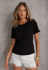 Czarny Gładki T-shirt Bawełniany z Ozdobnymi Lamówkami z Warkoczowego Splotu Thalia. Czarne bluzki damskie Renee, m, bez wzorów, z bawełny, bez kołnierzyka, bez ramiączek. Za 49.99 zł.