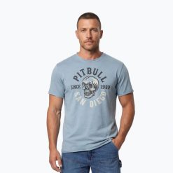 Koszulka męska Pitbull Shkull Logo. Niebieskie koszulki sportowe męskie PITBULL, l, bez wzorów, z bawełny, bez kołnierzyka, bez ramiączek, na fitness i siłownię. Za 87.99 zł.