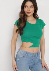 Zielony Bawełniany T-shirt z Asymetrycznym Wycięciem i Ozdobnym Łańcuszkiem Glitia. Zielone bluzki damskie Born2be, m, bez wzorów, z bawełny, z asymetrycznym kołnierzem. Za 49.99 zł.