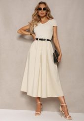Beżowa Sukienka o Rozkloszowanym Kroju z Krótkim Rękawem i Paskiem z Ekoskóry Frinna. Brązowe sukienki damskie Renee, na co dzień, bez wzorów, eleganckie, bez kołnierzyka, bez ramiączek, midi, rozkloszowane. Za 169.99 zł.