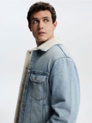 Jeansowa kurtka sherpa - niebieski. Niebieskie kurtki męskie Reserved, l, bez wzorów, z denimu, bez kaptura. Za 239.99 zł.