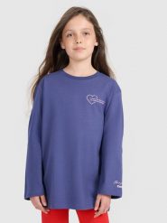 4F Longsleeve oversize z nadrukiem dziewczęcy - granatowy 134 (8-9 lat). Niebieskie t-shirty i topy dla dziewczynek 4f, bez wzorów, z bawełny, bez ramiączek. W wyprzedaży za 49.99 zł.