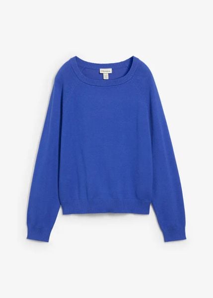 Sweter dzianinowy. Niebieskie swetry damskie bonprix, bez wzorów, z bawełny, bez kołnierzyka, bez ramiączek, bez kaptura. Za 84.99 zł.