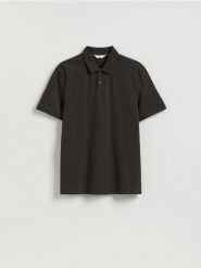 Koszulka polo regular ze strukturalnej dzianiny - ciemnoszary. Szare koszulki polo męskie Reserved, l, bez wzorów, z bawełny, bez ramiączek. Za 99.99 zł.