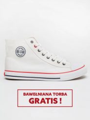 Trampki męskie wysokie białe JJ174602 101. Białe eleganckie półbuty Big Star, z jeansu, casualowe, z okrągłym noskiem, za kostkę, bez zapięcia. W wyprzedaży za 88.99 zł.