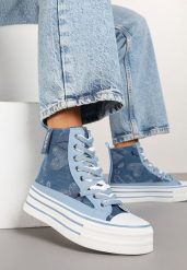 Niebieskie Trampki z Jeansowego Materiału na Platformie Zorilea. Niebieskie obuwie sportowe damskie Born2be, bez wzorów, z jeansu, eleganckie, bez zapięcia. Za 109.99 zł.