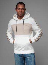 Męska bawełniana bluza z kapturem z kontrastującymi elementami - biała V1 OM-SSNZ-0225 S. Białe bluzy męskie Ombre, m, bez wzorów, z bawełny, z kapturem. Za 347.95 zł.