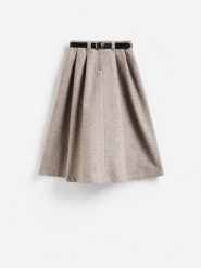 Spódnica midi z wełną - beżowy. Brązowe spódnice damskie Reserved, l, bez wzorów, z tkaniny, midi, rozkloszowane. Za 179.99 zł.