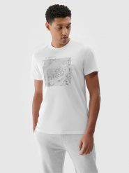 4F T-shirt regular z nadrukiem męski - biały XXL. Białe koszulki sportowe męskie 4f, m, bez wzorów, z bawełny, bez kołnierzyka, bez ramiączek. W wyprzedaży za 39.99 zł.