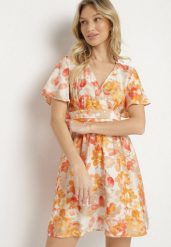 Pomarańczowa Sukienka z Kopertowym Dekoltem z Wiskozą w Kwiaty Sovedia. Brązowe sukienki damskie Born2be, na lato, l, bez wzorów, z wiskozy, eleganckie, bez kołnierzyka, bez ramiączek, mini, kopertowe. Za 49.99 zł.