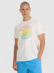 4F T-shirt regular z nadrukiem męski - beżowy XXL. Brązowe koszulki sportowe męskie 4f, m, bez wzorów, z bawełny, klasyczne, bez kołnierzyka. Za 69.99 zł.