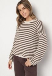 Jasnobeżowy Sweter Oversize w Paski z Dodatkiem Wełny i Wiskozy Tianalla. Brązowe swetry damskie Born2be, bez wzorów, z jeansu, eleganckie, bez kołnierzyka, bez ramiączek, bez kaptura. Za 129.99 zł.