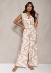 Beżowy Kombinezon z Szerokimi Nogawkami Gumką w Talii w Abstrakcyjny Print Privia. Brązowe sukienki damskie Renee, na co dzień, bez wzorów, z tkaniny, eleganckie, bez kołnierzyka, bez ramiączek, kopertowe. Za 109.99 zł.