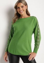 Zielony Sweter z Wiskozą Ozdobiony Cyrkoniami na Rękawach Reninna. Zielone swetry damskie Born2be, m, z aplikacjami, z jeansu, eleganckie, bez kołnierzyka, bez ramiączek, długie, bez kaptura. Za 89.99 zł.
