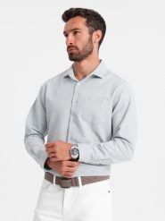 Koszula męska z kieszenią REGULAR FIT - jasnoszary melanż V2 - Rozmiar: XXL. Szare koszule męskie Ombre Clothing, m, bez wzorów, z bawełny, bez kołnierzyka, bez ramiączek. W wyprzedaży za 49.99 zł.