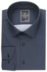 Koszula Wizytowa z Prostym Krojem - Victorio - Granatowa w Drobny Wzór. Niebieskie koszule męskie Victorio, bez wzorów, z bawełny, eleganckie, bez kołnierzyka, bez ramiączek. Za 159.00 zł.