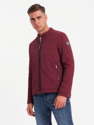Męska kurtka o kroju biker ze strukturalnego materiału – bordowa V2 - Rozmiar: L. Czerwone kurtki męskie Ombre Clothing, l, bez wzorów, eleganckie, bez kaptura. W wyprzedaży za 79.99 zł.