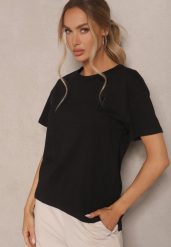 Czarny T-shirt z Dłuższym Tyłem Zdobiony Haftem Ninilla. Czarne bluzki damskie Renee, m, z aplikacjami, eleganckie, bez kołnierzyka. Za 49.99 zł.