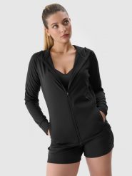 4F Bluza treningowa szybkoschnąca rozpinana z kapturem damska - czarna L. Czarne bluzy damskie 4f, l, bez wzorów, z dzianiny, z kapturem. W wyprzedaży za 99.99 zł.