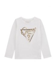 Guess Bluzka K5BI06 J1314 Biały Regular Fit. Białe bluzki dla dziewczynek Guess, z aplikacjami, z bawełny, bez kołnierzyka, bez ramiączek. Za 95.00 zł.