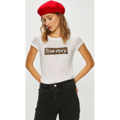 Tally Weijl - Top. Szare topy damskie marki TALLY WEIJL, z nadrukiem, z bawełny, z okrągłym kołnierzem, z krótkim rękawem. W wyprzedaży za 14.90 zł.