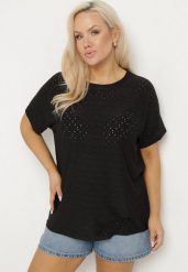 Czarny T-shirt z Bawełną i Ażurowym Wzorem Puzira. Czarne bluzki damskie Born2be, s, w ażurowe wzory, z bawełny, eleganckie, bez kołnierzyka. Za 49.99 zł.