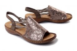 Rieker 608D1-60 beżowy, sandały damskie. Brązowe sandały damskie Rieker, bez wzorów, ze skóry ekologicznej, bez obcasa, bez zapięcia. Za 299.90 zł.