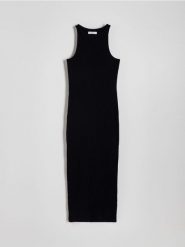 Sukienka maxi z bawełnianej dzianiny - czarny. Czarne sukienki damskie Reserved, l, bez wzorów, z bawełny, bez kołnierzyka, bez ramiączek, maxi, dopasowane. W wyprzedaży za 29.99 zł.