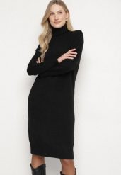 Czarna Dzianinowa Sukienka z Bawełną o Prostym Kroju z Golfem Tesala. Czarne sukienki damskie Born2be, do pracy, uniwersalny, bez wzorów, z bawełny, biznesowe, bez kołnierzyka, bez ramiączek, midi, proste. Za 99.99 zł.
