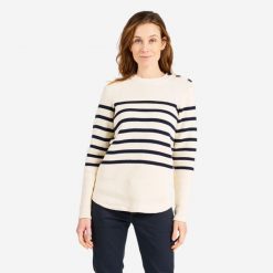 Sweter marynarski damski Tribord 100. Białe swetry damskie Decathlon, l, bez wzorów, z bawełny, eleganckie, bez kołnierzyka, bez ramiączek, długie, bez kaptura. Za 99.99 zł.