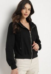 Czarna Bluza z Kapturem i Kieszeniami Zapinana na Suwak Uloselenia. Czarne bluzy damskie Born2be, l, bez wzorów, z jeansu, z kapturem. Za 59.99 zł.