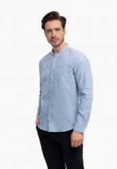 Koszula ze stójką, Slim Fit, K-LANGE. Niebieskie koszule męskie Volcano, l, bez wzorów, z bawełny, klasyczne, bez kołnierzyka, bez ramiączek. Za 149.99 zł.