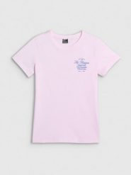4F T-shirt regular z nadrukiem damski - różowy M. Czerwone t-shirty damskie 4f, m, bez wzorów, z bawełny, klasyczne, bez kołnierzyka. Za 59.99 zł.