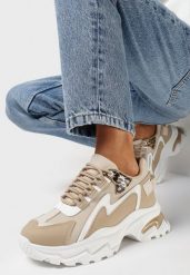 Ciemnobeżowe Sneakersy na Grubej Podeszwie ze Wstawkami z Animal Print Virala. Brązowe obuwie sportowe damskie Born2be, bez wzorów. Za 99.99 zł.