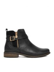 Rieker Botki Z4959-00 Czarny. Czarne botki damskie Rieker, ze skóry, bez obcasa, na płaskiej podeszwie, bez zapięcia. Za 329.99 zł.