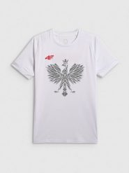 4F Koszulka kibica męska - biała XS. Białe t-shirty męskie 4f, m, bez wzorów, sportowe, bez kołnierzyka. Za 129.99 zł.