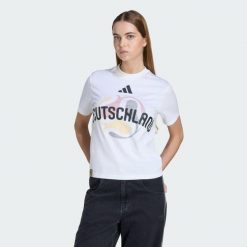 Koszulka Mistrzostwa Świata FIFA 26 Niemcy. Białe koszulki sportowe damskie Adidas, l, bez wzorów, z bawełny, bez kołnierzyka, bez ramiączek, do piłki nożnej. Za 129.00 zł.