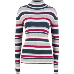 Sweter z golfem, w paski bonprix ciemnoniebieski w paski. Niebieskie swetry damskie bonprix, bez wzorów, bez kołnierzyka, bez ramiączek, bez kaptura. Za 59.99 zł.