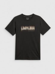4F T-shirt regular z nadrukiem męski - czarny S. Czarne koszulki sportowe męskie 4f, m, bez wzorów, z materiału, bez kołnierzyka, bez ramiączek. Za 69.99 zł.