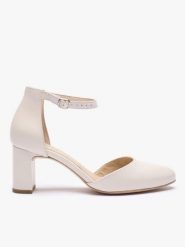 Kremowe ślubne czółenka ze skóry licowej. Brązowe czółenka damskie Ryłko, bez wzorów, ze skóry, eleganckie, z okrągłym noskiem, bez obcasa, na obcasie, bez zapięcia. Za 399.99 zł.