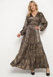 Czarno-Złota Rozkloszowana Sukienka w Panterkę z Falbanami i Gumką w Talii Tinnetra. Czarne sukienki damskie Born2be, na co dzień, z aplikacjami, eleganckie, bez kołnierzyka, bez ramiączek, maxi, kopertowe. Za 169.99 zł.