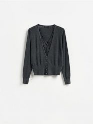 Kardigan z koronką - ciemnoszary. Szare kardigany damskie Reserved, l, bez wzorów, z dzianiny. Za 149.99 zł.