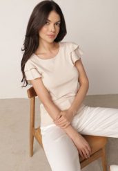 Beżowa Bawełniana Bluzka o Prostym Kroju z Krótkim Rękawem z Falbanek Himoni. Brązowe bluzki damskie Born2be, l, bez wzorów, z bawełny, biznesowe, bez kołnierzyka, bez ramiączek. Za 49.99 zł.