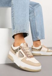 Ciemnobeżowe Sneakersy Ozdobione Brokatem Cyrkoniami i Perforacją Tillitara. Brązowe obuwie sportowe damskie Born2be, z aplikacjami, z jeansu. Za 99.99 zł.