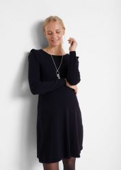 Sukienka ciążowa z miękkiej dzianiny. Czarne sukienki damskie bonprix, bez wzorów, z dzianiny, eleganckie, bez kołnierzyka, moda ciążowa, bez ramiączek. Za 137.99 zł.